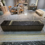 Sophisticated TV Stand with Dark Marble Top, Natural Wood Veneer Panels and Concealed Storage Drawers
